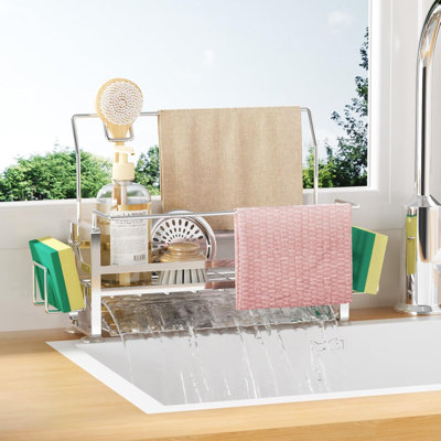 Kitchen Sink Caddy Organizer - 304 Stainless Steel Rustproof Sponge Holder With Soap Dispenser