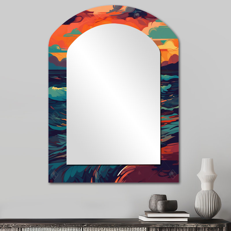 Sunset On The Beach Expressive Retro Colors III - Beach Asymmetrical Decorative Wall Mirror, Blue Arch Mirror, Printed Metal Art