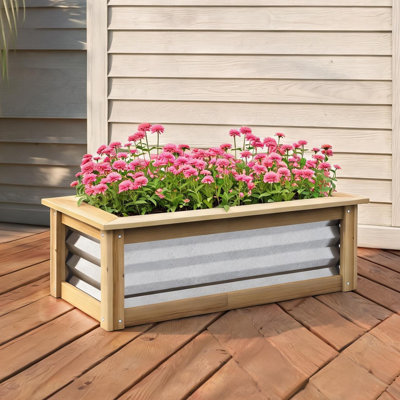 Galvanized Metal and Fir Wood Raised Planter Box with Classic Silver Finish for Herb Vegetable and Flower Gardens