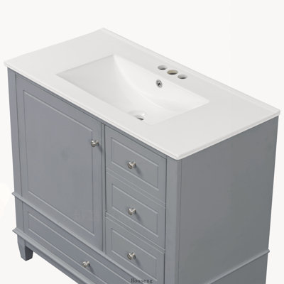 36" Freestanding Bathroom Vanity with Ceramic Sink Top, MDF & Solid Wood Base with 3 Drawers & Cabinet Shelves, 4‑Inch Faucet Holes, Grey