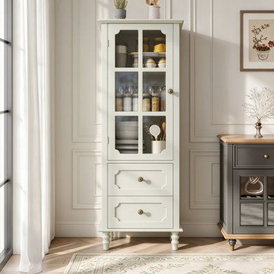 Minimalism Buffet Cabinet With Glass Doors And Double Drawer