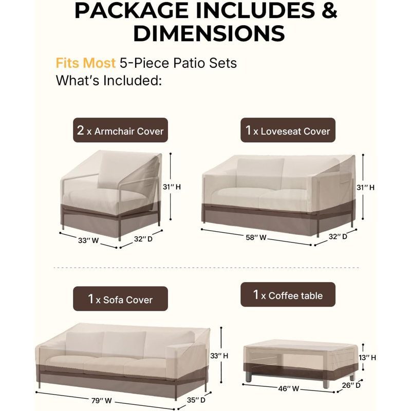 5 Piece Outdoor Furniture Cover Waterproof, 600D Heavy Duty Lawn Patio Set Covers