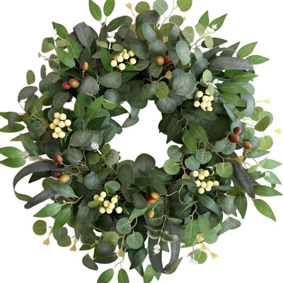 Artificial Eucalyptus Wreath For Front Door – All-season Greenery With Olive Leaves & Berries For Farmhouse Decor