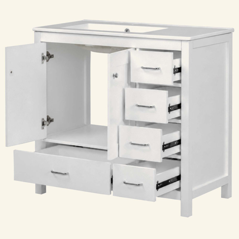 Ensemble de meuble-lavabo avec lavabo en céramique, armoire de rangement abondante - 2 portes à fermeture douce et 5 tiroirs