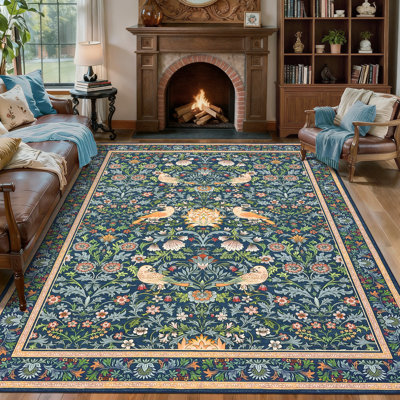  Washable Rugs for Living Room, Non Slip Floral Area Rugs, Low Pile Stain Resistant Botanical Bird Soft Carpet, Foldable Indoor Floor Mats for Bedroom, Nursery, Dining Room