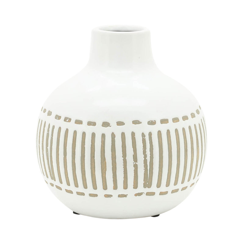 Aalyssa Vase Stoneware Ceramic Handcrafted Boho Style with Etched Linear Detailing and Rounded Silhouette for Modern Global Inspired Decor Accent Display Contemporary Shelf Mantel Styling