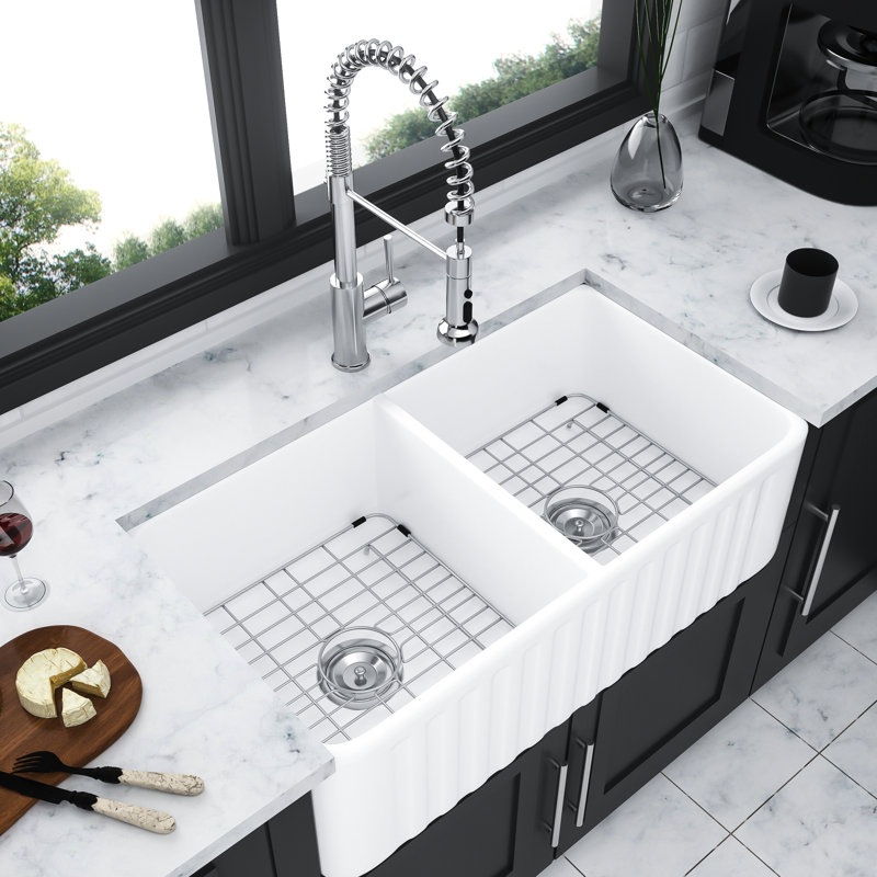 White Ceramic Kitchen Sink 33 Inch - Double Bowl 50/50 Highly , Heatproof, Scratchproof, Chipping , Discoloration , Elegant Look 33" Farm Heat Scratch-, Chip-, , Exquisite