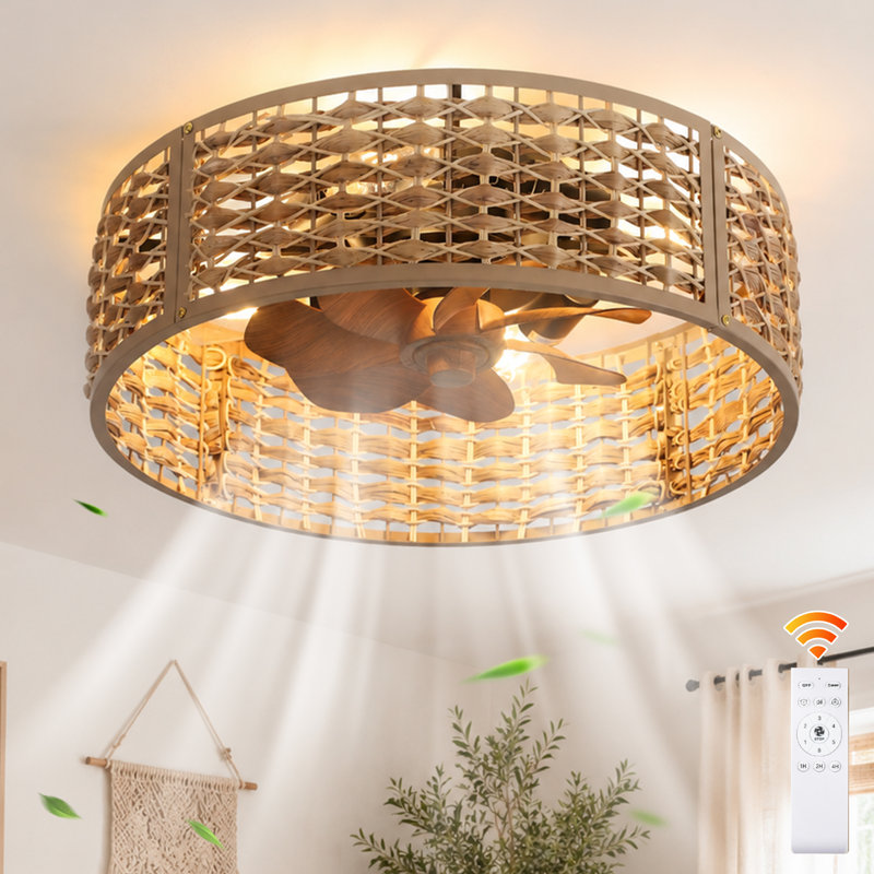Ventilateur de plafond cage style bohème rustique en rotin tressé à la main de 50 cm (20 pouces) avec kit d'éclairage et télécommande