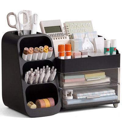 Organisateur de bureau avec porte-stylo, support de rangement stationnaire multi-grille avec 2 tiroirs transparents pour les fournitures de bureau et le maquillage
