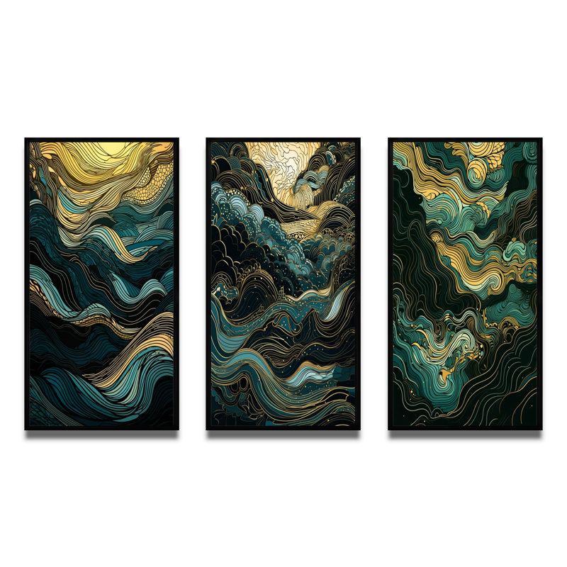 «Green Linear Symphony», 3 pièces sur toile, H 20 po x l 36 po, Cadre flottant noir