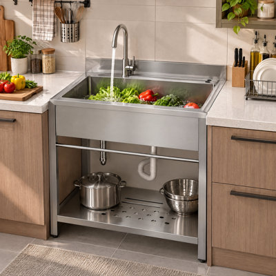 Évier pratique en acier inoxydable, évier de cuisine à simple cuve de 30,7 pouces (environ 76,2 cm) avec tuyaux d'eau froide et d'eau chaude, type P standard, convenant à une salle de lavage