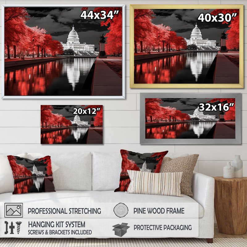 Monochromes de Washington DC, art mural grand Washington, Cadre flottant doré, H 34 po x l 44 po x P 1,5 po