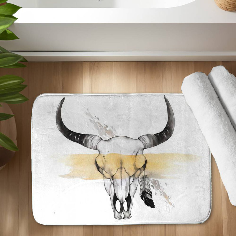 Cow skull with feather Bath Mat with Non-Slip Backing - Quick Dry Memory Foam Bathroom Rug - Absorbent - Modern Plush Spa-Style - Machine Washable