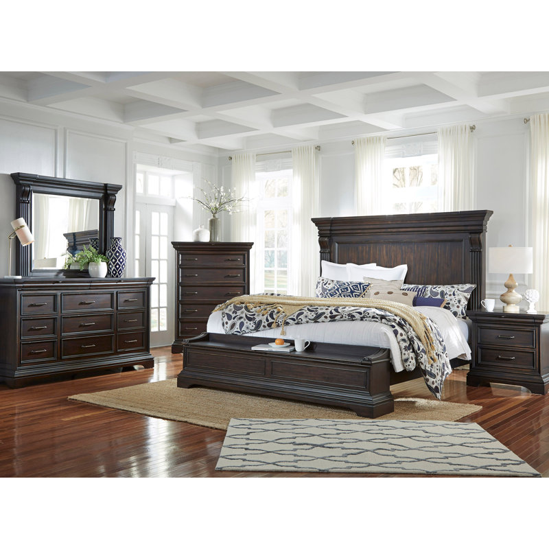 Lit de rangement double avec commode avec miroir Boletice, Cinq pièces : Lit, 2 tables de chevet, commode, m, Grand lit