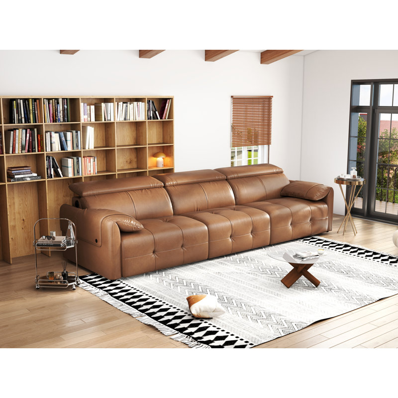122" Genuine Leather Modern Modular Sofa with Adjustable Headrest and Cupholder, Brown