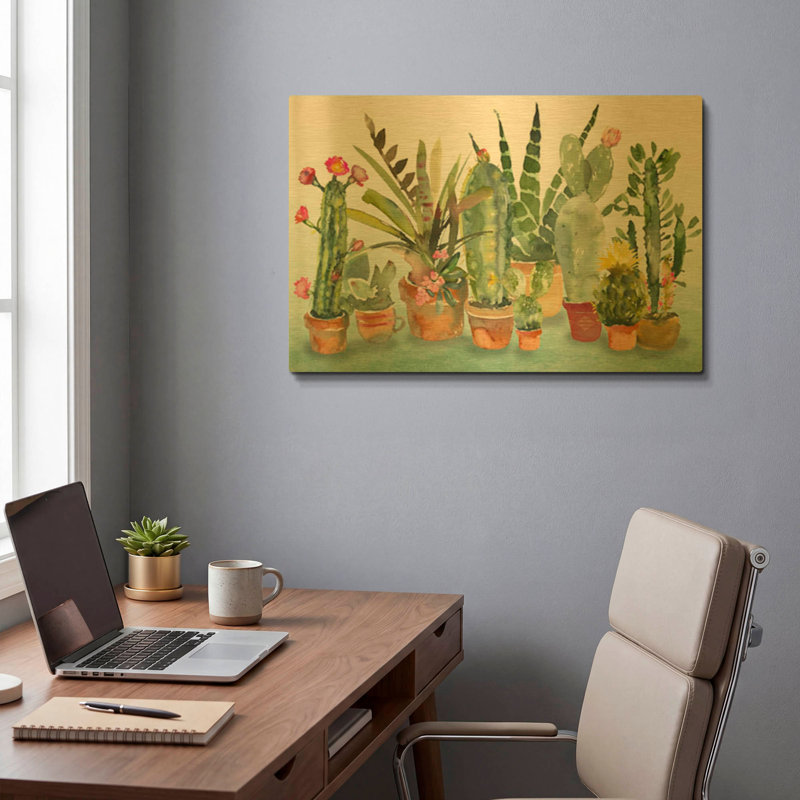 «Beautiful Cactus Garden» par Jean Plout, art mural en métal doré, 24 po x 16 po, 24"x16"