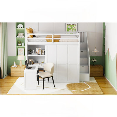 Lit mezzanine double avec garde-robe, bureau et tablettes, gris