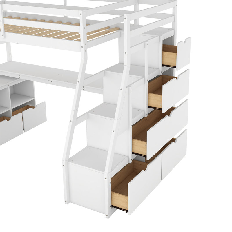 Lit mezzanine simple avec 7 tiroirs, 2 tablettes et bureau - Blanc, Lit simple, Blanc