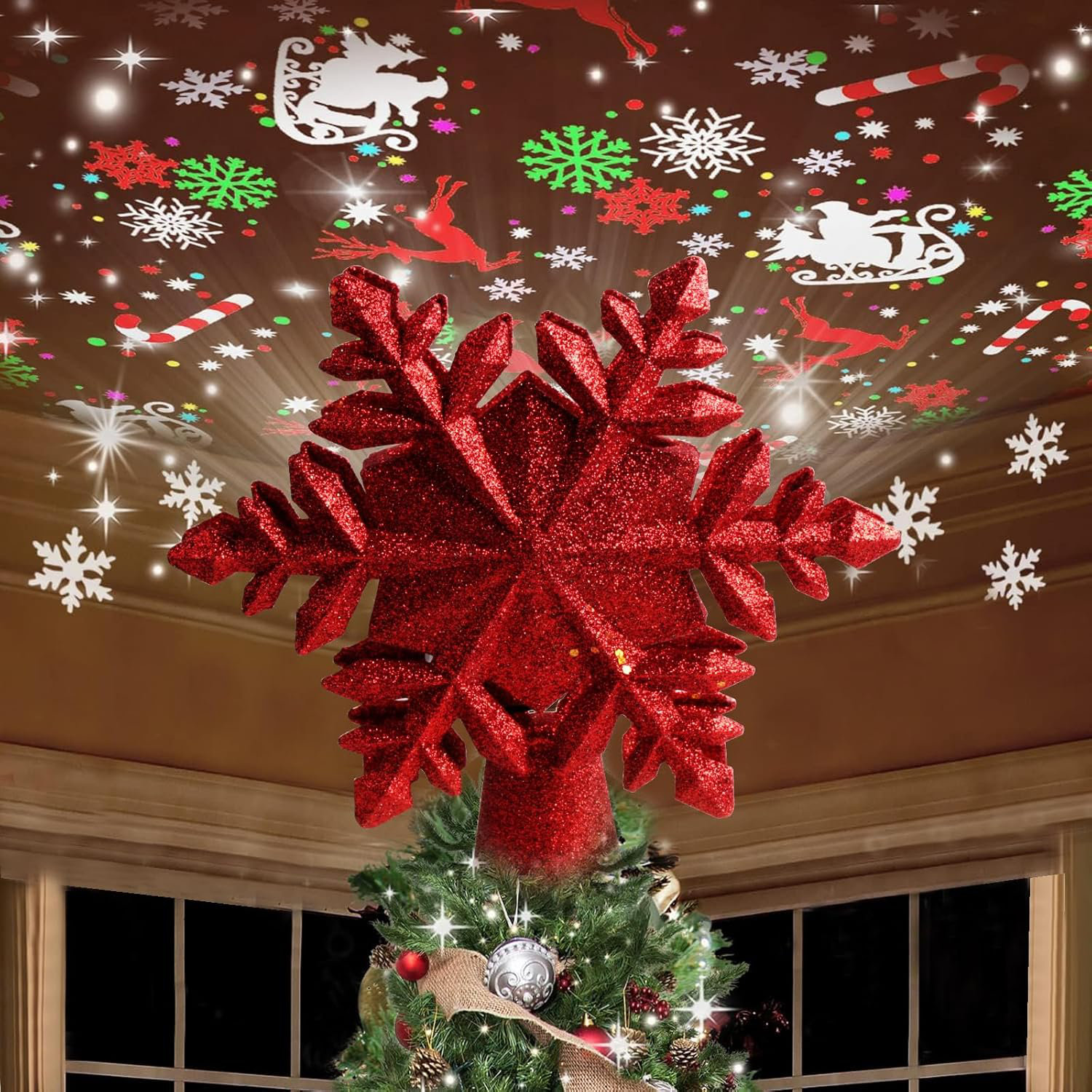 BONLOD Christmas Tree Topper Lighted With 6 Projected Patterns ...