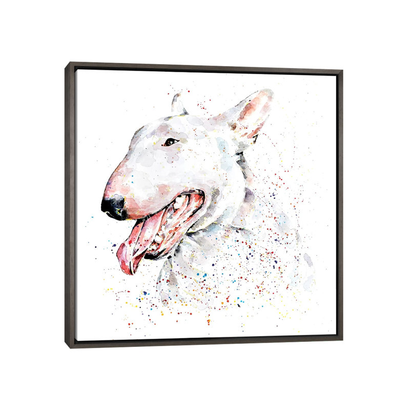 Bull terrier blanc par Edwatercolours-impression, H 18 po x l 18 po x 1,5 po, Toile encadrée de bois rustique foncé