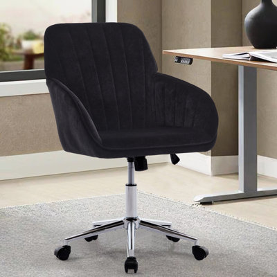 Siège de bureau ergonomique - Base en alliage d'argent, rembourrage doux et luxueux, dossier réduit, tissu de velours électroplaqué noir pour chaise de chambre à coucher, support,