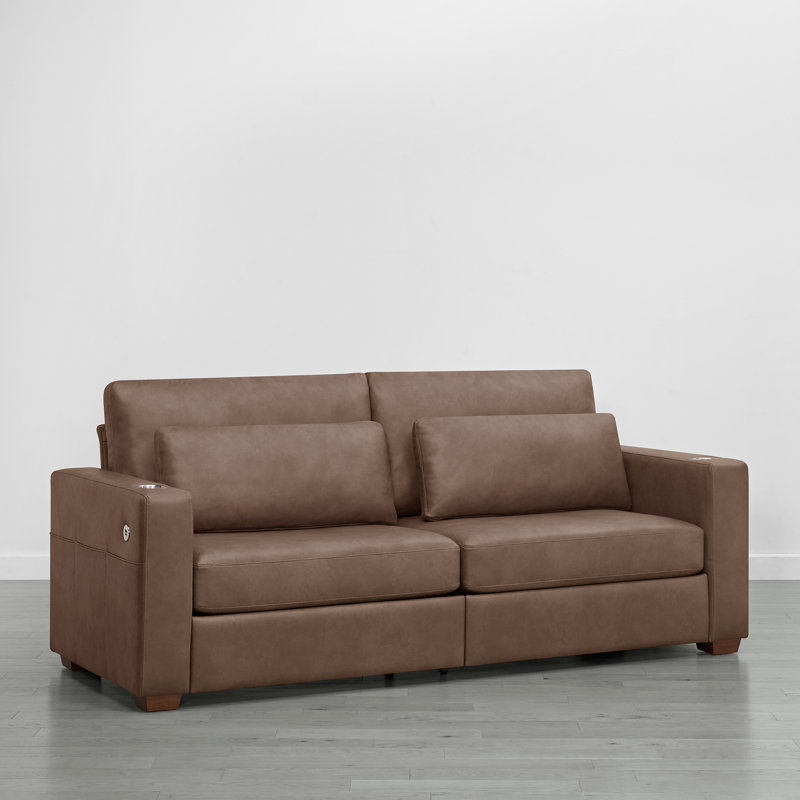  89'' W Faux Leather Sofa With Movable Lumbar Pillow, Cup Holders & Solid Wood Legs, Mocha