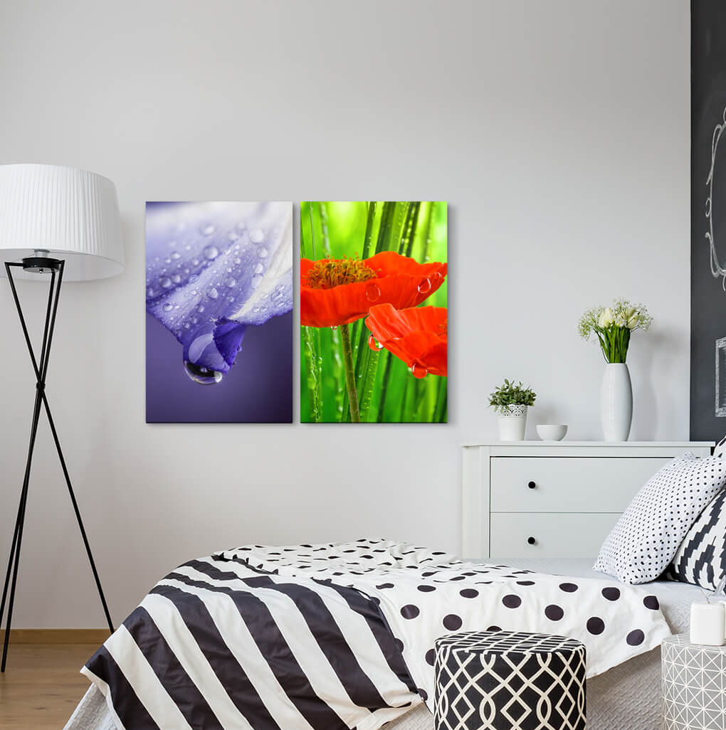 2-tlg. Leinwandbilder-Set - Fotografie „Flowers Blossoms Water Drops Poppy Flower Red Green”