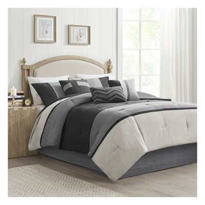 7 Piece Faux Suede Comforter Set - Bedding with Embroidered Decorative Pillows | Transitional Style Hypoallergenic Polyester Bedding