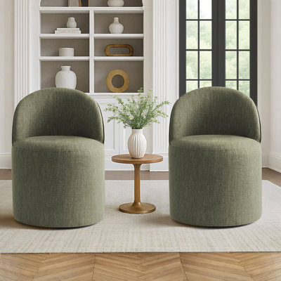 Rolling Small Linen Upholstered Barrel Swivel Chair With Hidden Casters