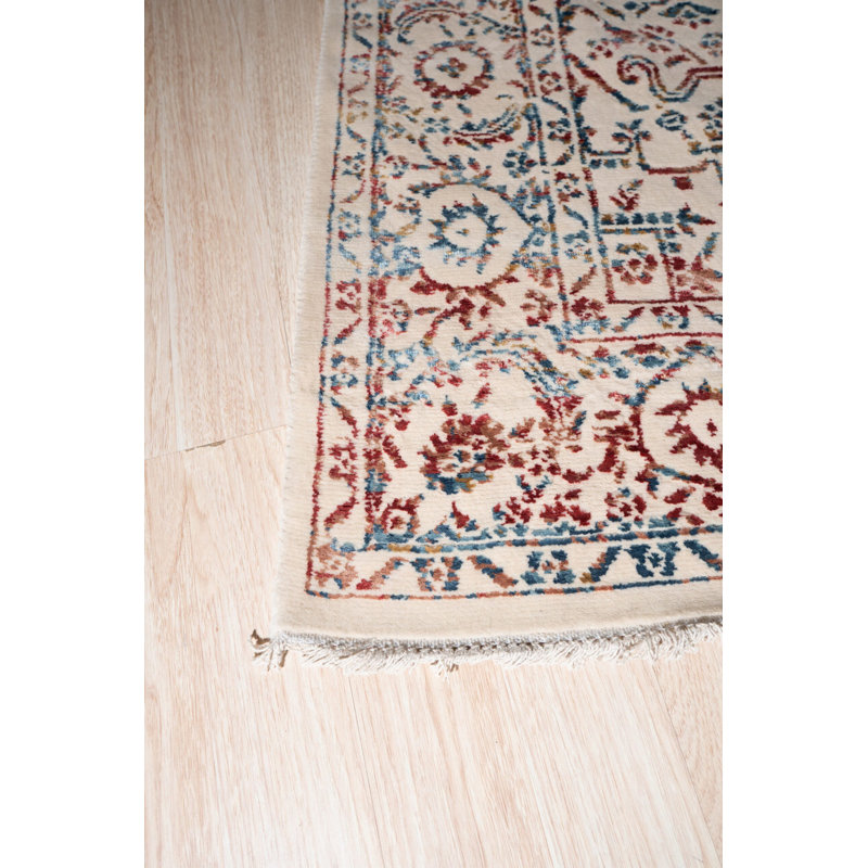 Ivory Hand-Knotted Wool Viscose Faded Diamond Medallion Geometric Modern Contemporary Carpet Rug, 5' x 8'