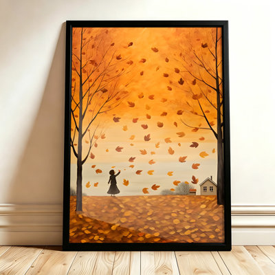 Fille lançant des feuilles d'automne pour l'Halloween, tableau sur toile encadré, cadre blanc, 40 x 60 cm