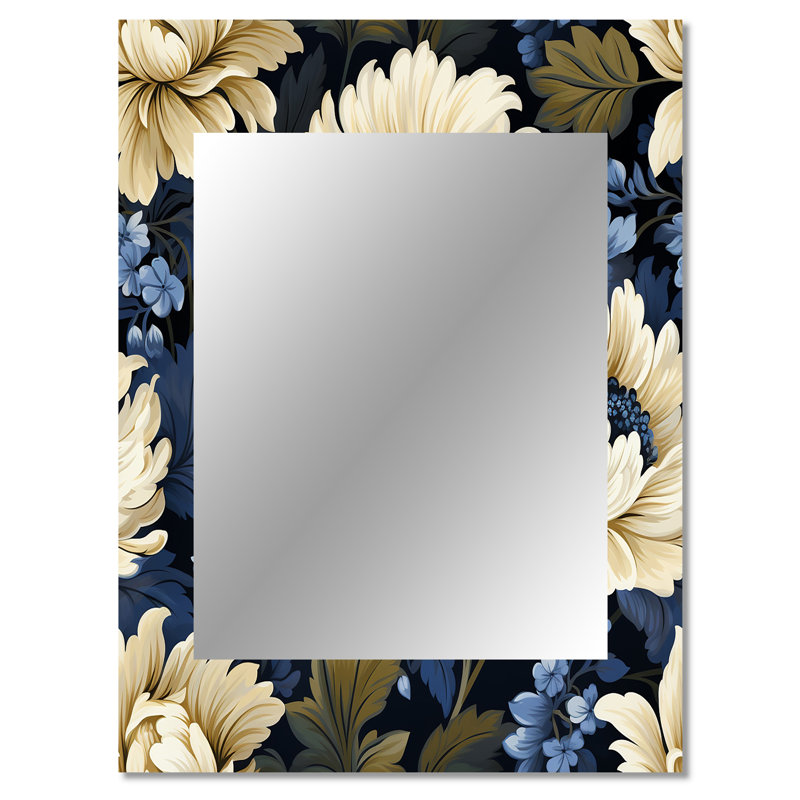 Subodh beige et bleu damassé fleur nostalgie - grand miroir mural damassé, miroir décoratif bohème, impression sur métal