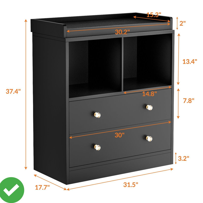 Table à langer, commode pour bébé, table à langer avec coussin, 2 tiroirs et 2 compartiments ouverts, Noir