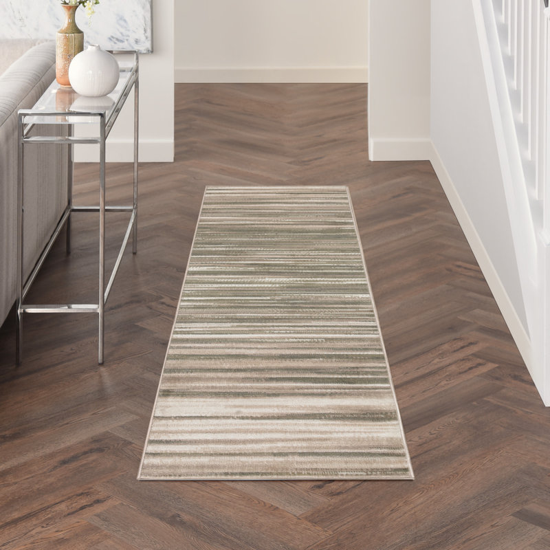 Abstract Machine Woven Area Rug in Green/Ivory, Runner 2' x 6'