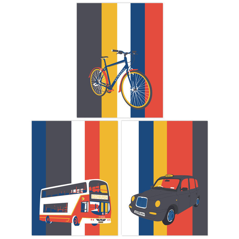 Edinburgh Transport Bicycle Bus Taxi Cab Transportation Retro - 3 Piece No Frame Print Set, 40.5cm H x 30.5cm W x 0.3cm D