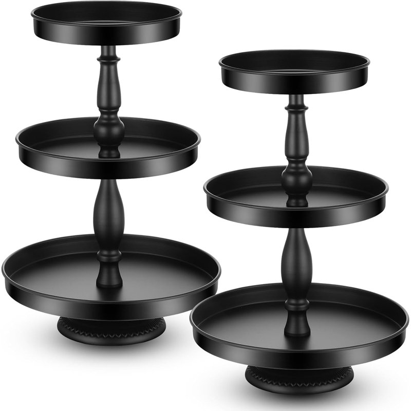 2 Pcs 3 Tier Round Metal Black Cupcake Stand, Tiered Pastry Display Tray for Baby Shower Wedding Birthday Party, Holds Cupcakes & Desserts