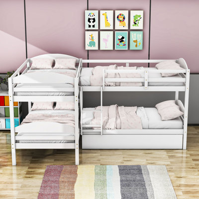 Twin-Over-Twin and Twin L-Shaped Wood Bunk Bed With Trundle