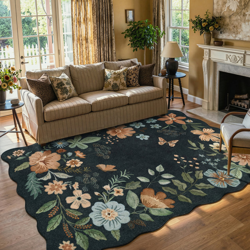Garbrand Machine Washable Floral Farmhouse Area Rug with Non-Slip Backing for Living Room, Dining Room, Bedroom