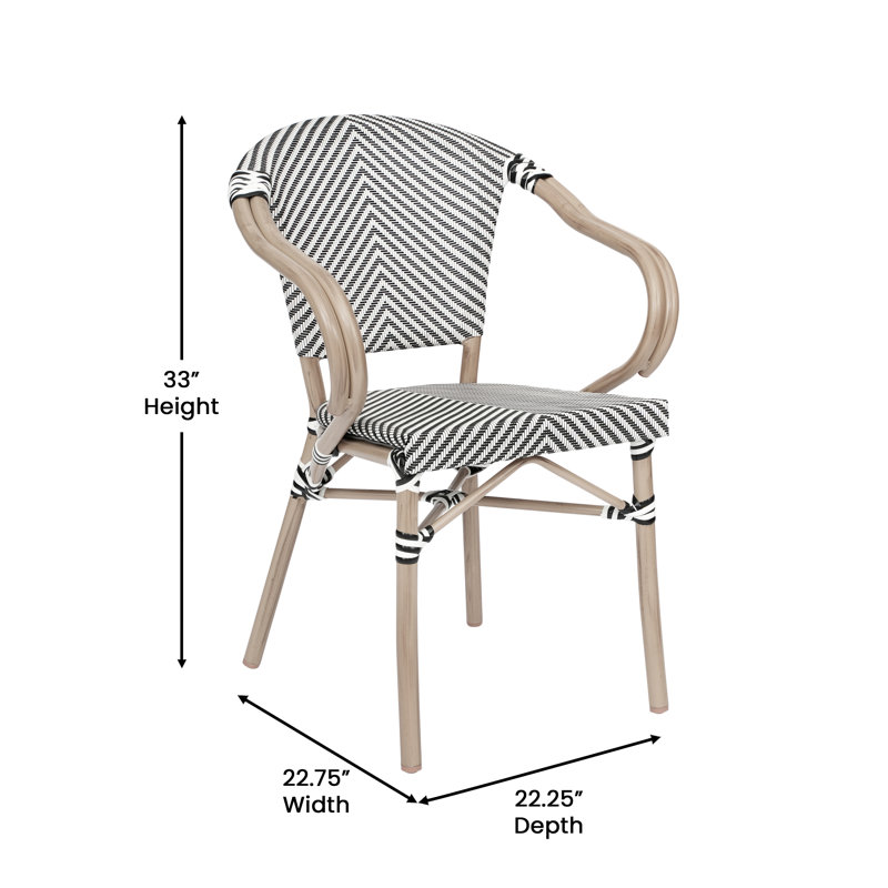 Damore All-Weather Commercial Paris Chairs with Arms and Metal Frame, Black/White