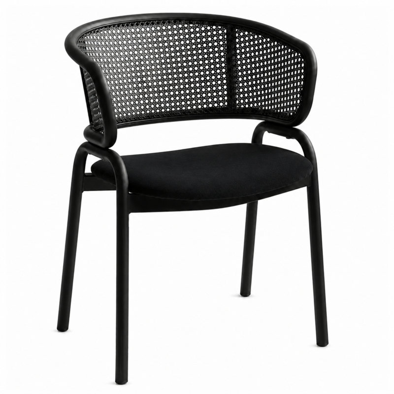 Chaise de salle à manger moderne à dossier canne Daishun, fauteuil incurvé en rotin en forme de U, siège d'appoint rembourré avec pieds en métal noir
