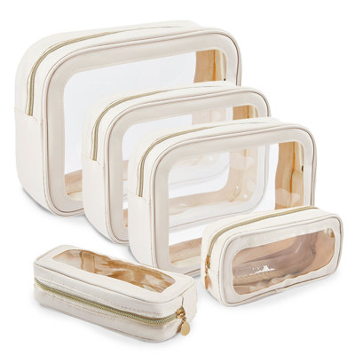 5-Pack Clear Travel Storage Bag Set, Waterproof Makeup Toiletry Organizers, 3 Sizes, White PU+PVC for Travel & Beach