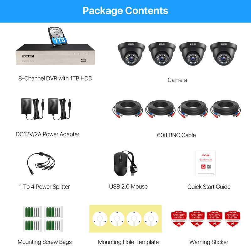 8CH DVR Security Camera System with 1TB HDD, 4pcs 2MP Wired Outdoor Dome Cameras, Motion Detection