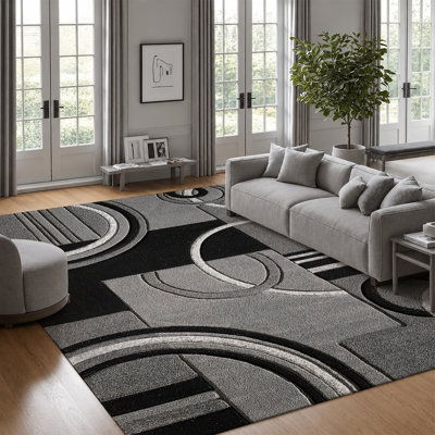 Grand tapis d'intérieur, velours doux à poils courts avec envers antidérapant à pois, tapis rond et carré à motif géométrique noir gris blanc pour salon, chambre à coucher