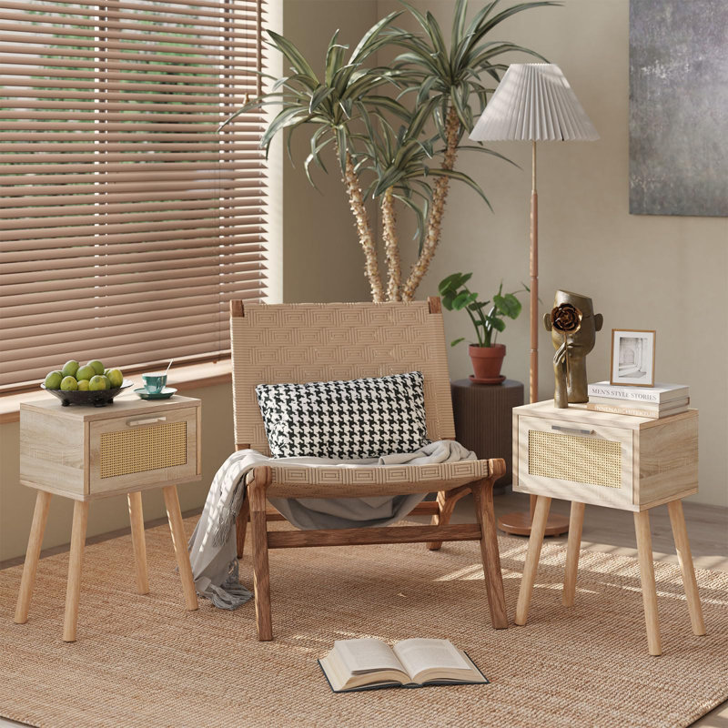Natural Rattan Drawer Nightstands with Solid Wood Legs, Set of 2