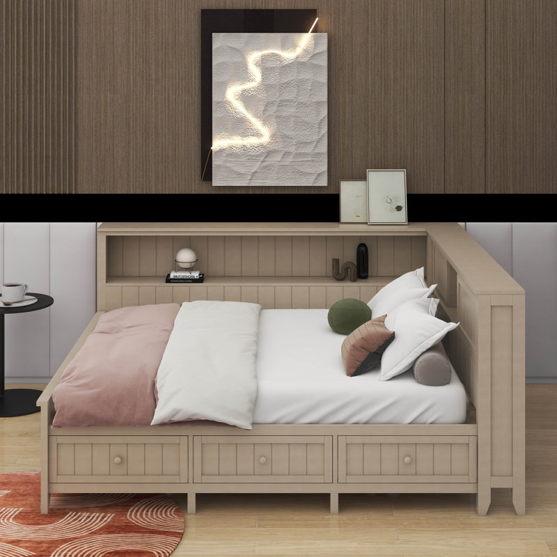 Lit de jour en bois avec tablettes et tiroirs de rangement, Lit double