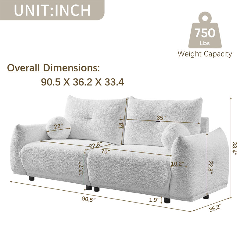 Lamb's 2-Seater Cushion Sofa 90'' Comfortable Sofa For Living Room Bedroom And Other Casual Spaces Lamb's Sofa With 2 Cushions And 2 Ball Pillows. (Gray)Two Sets