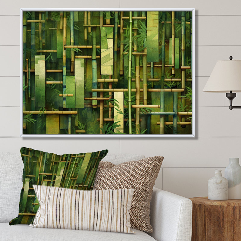«Whispering Bamboo», motifs géométriques sur toile, H 24 po x l 32 po x P 1 po, Cadre naturel flottant