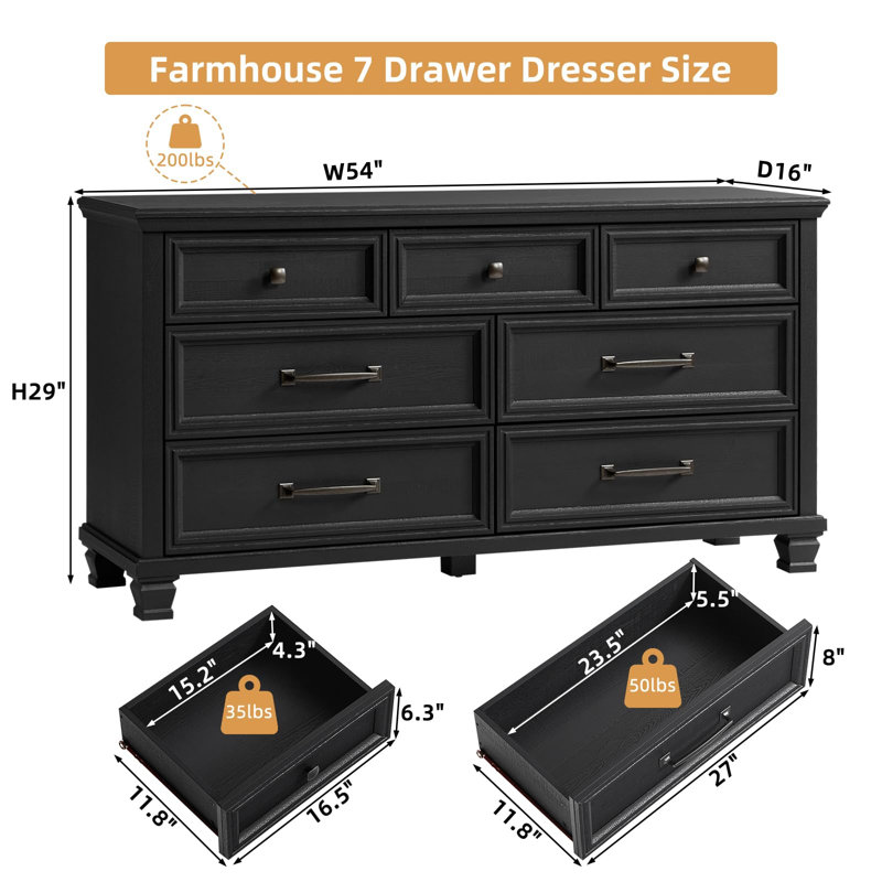Commode de style champêtre de 54 pouces à 7 tiroirs avec plateau renforcé et pieds carrés en bois, Noir