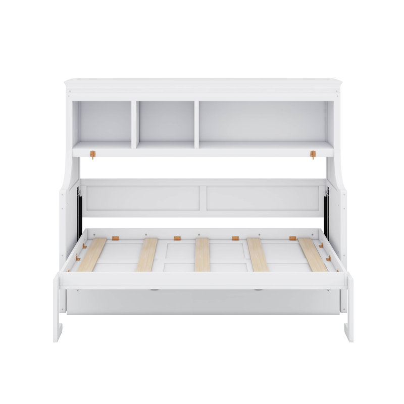 Lit escamotable simple en bois avec tablettes de rangement ouvertes, Blanc