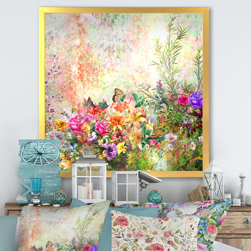 «Modern Multi And Green Summer Garden V», reproduction de cadre photo sur toile, Cadre doré, H 36 po x l 36 po x P 1,5 po